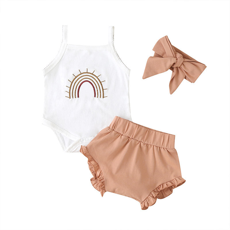 Ensemble trois pièces mode pour bébé fille : barboteuse à bretelles et short à carreaux