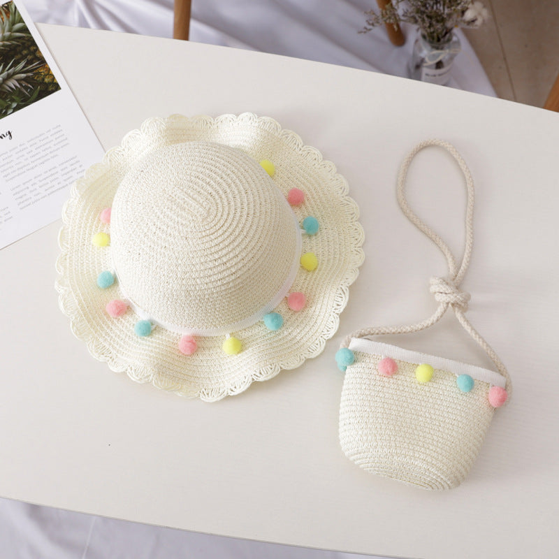 Petit ensemble de chapeau de paille et sac pour enfants de couleur unie