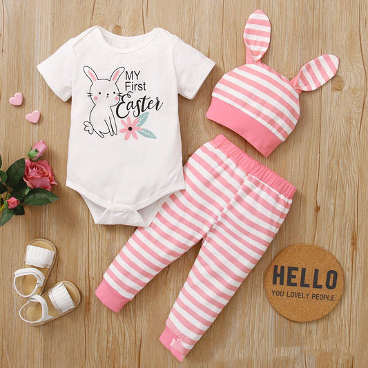Ensemble barboteuse bébé motif lapin de Pâques | Ensemble 3 pièces (2 couleurs)