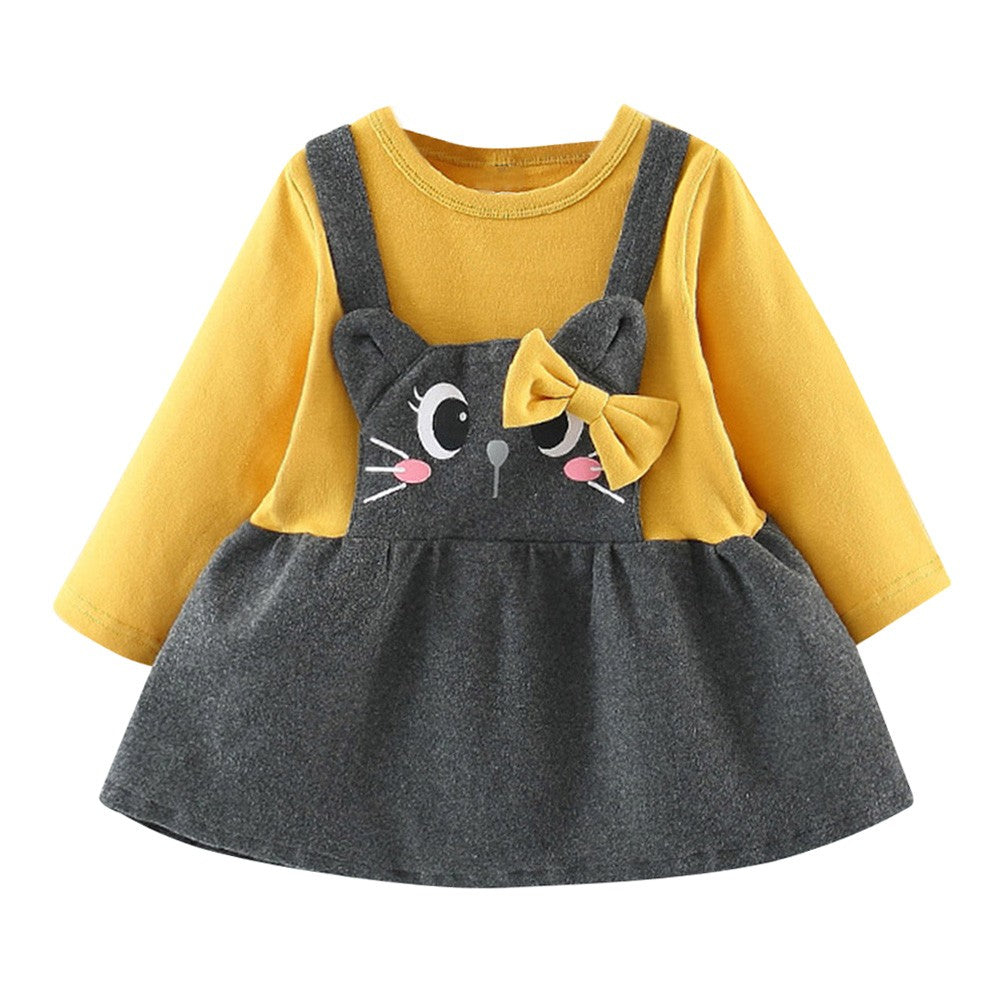 Robe pour bébé à manches longues avec imprimé nœud et tête de chat de dessin animé