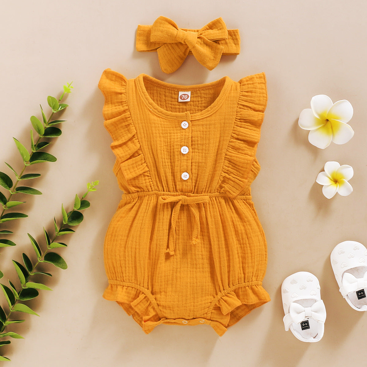 Barboteuse américaine sans manches de couleur unie et personnalisée pour bébé fille