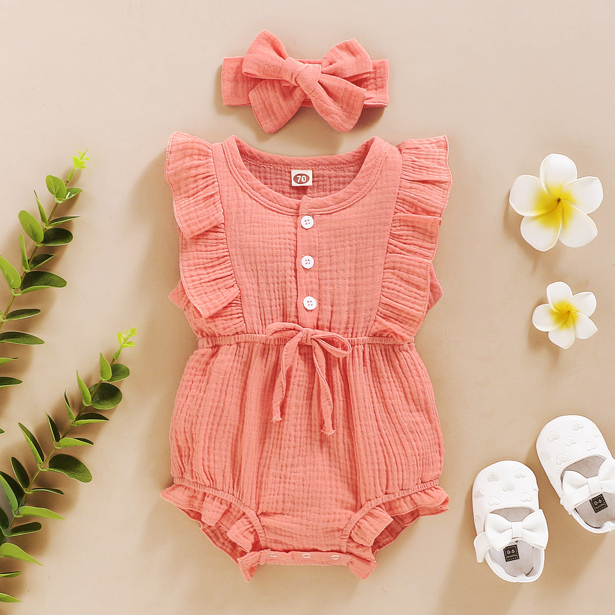 Barboteuse américaine sans manches de couleur unie et personnalisée pour bébé fille
