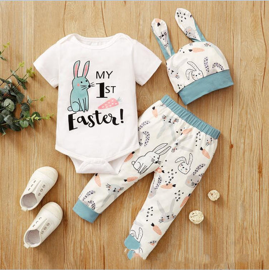 Ensemble barboteuse bébé motif lapin de Pâques | Ensemble 3 pièces (2 couleurs)