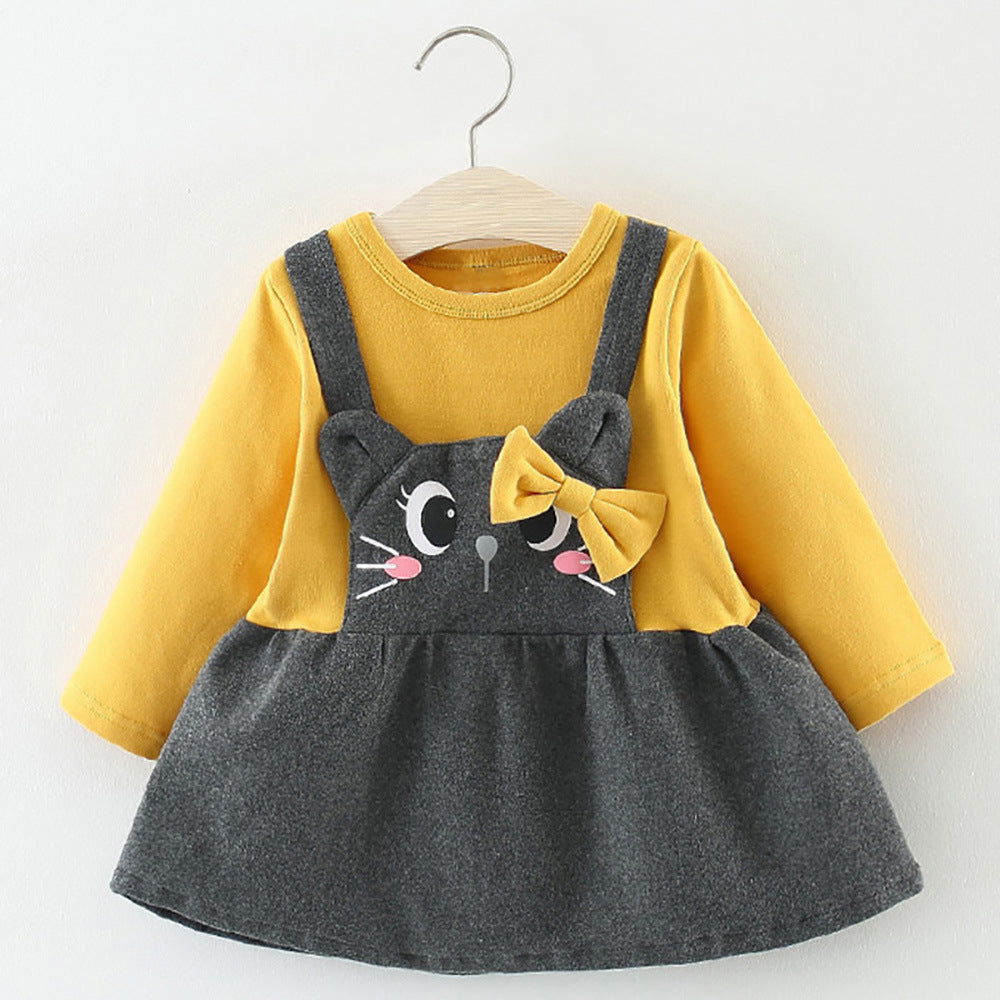 Robe pour bébé à manches longues avec imprimé nœud et tête de chat de dessin animé