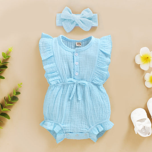 Barboteuse américaine sans manches de couleur unie et personnalisée pour bébé fille