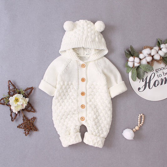 Combinaison-grenouillère bébé à capuche tricotée et boutonnée