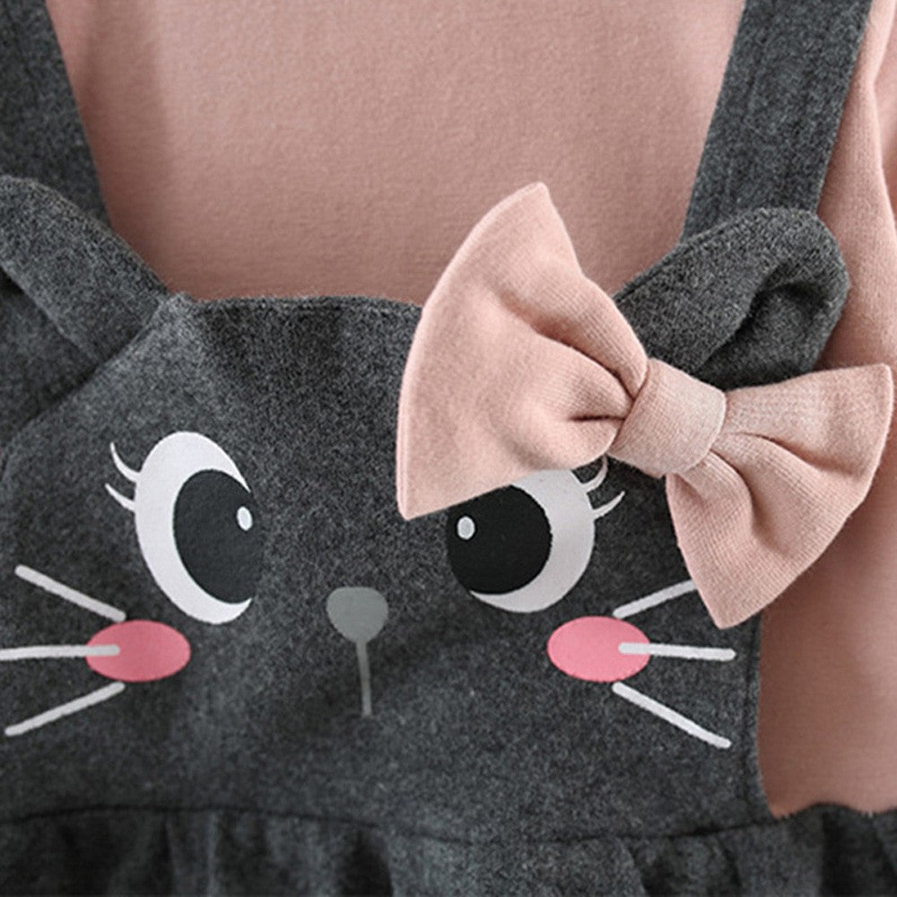Robe pour bébé à manches longues avec imprimé nœud et tête de chat de dessin animé