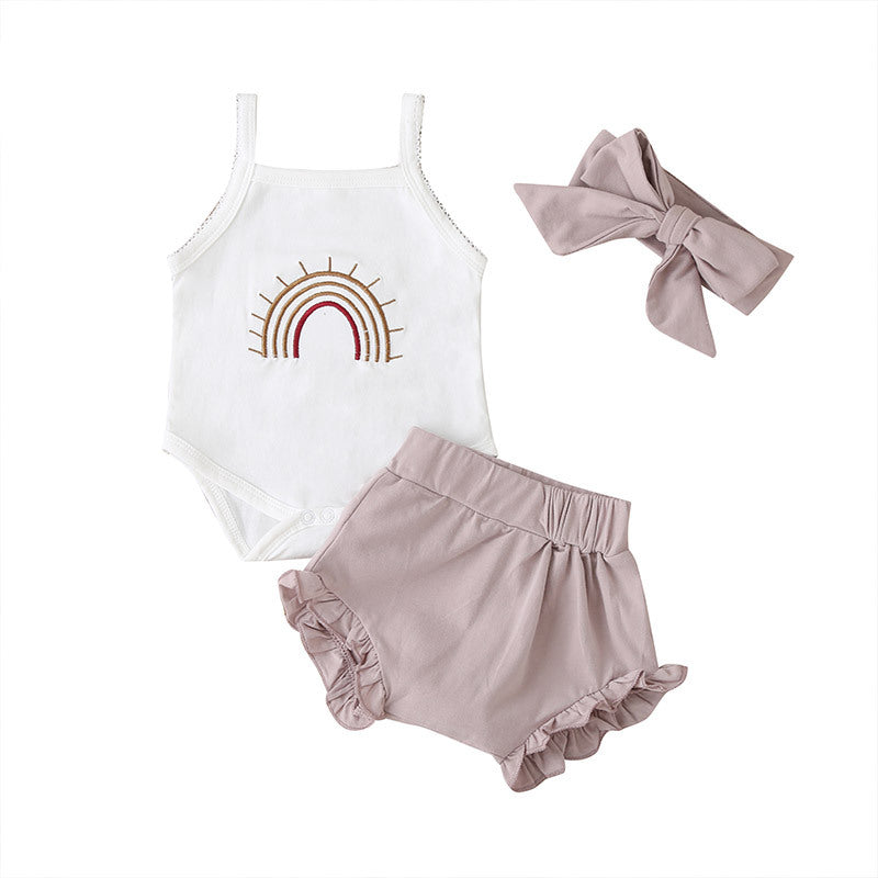 Ensemble trois pièces mode pour bébé fille : barboteuse à bretelles et short à carreaux