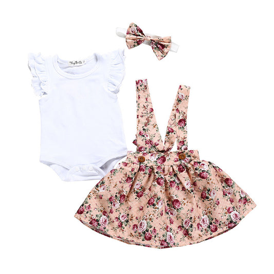 Ensemble barboteuse à manches courtes volantées en coton blanc pour filles avec bretelles fleuries et bandeau
