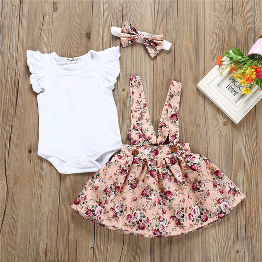 Ensemble barboteuse à manches courtes volantées en coton blanc pour filles avec bretelles fleuries et bandeau