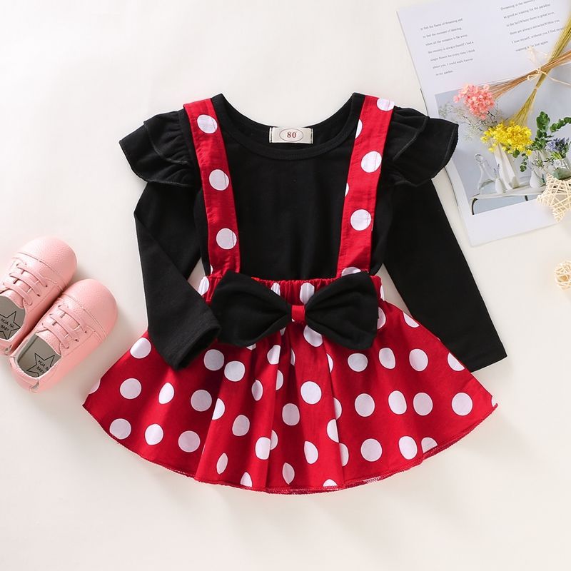 Girl's Summer Solid Color Fly Sleeve Polka Dot Skirt