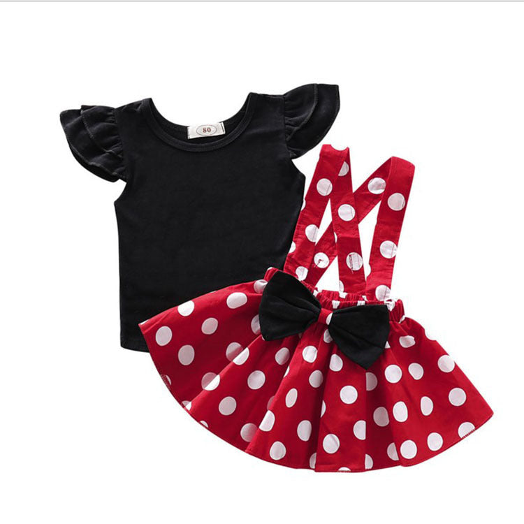 Girl's Summer Solid Color Fly Sleeve Polka Dot Skirt