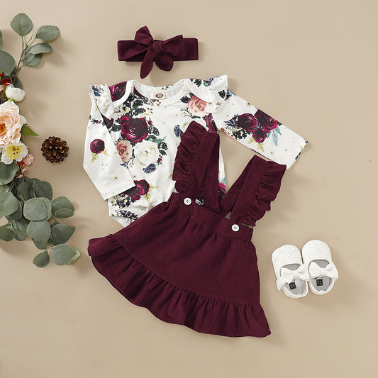 Ensemble trois pièces de bretelles à imprimé floral pour bébés et tout-petits