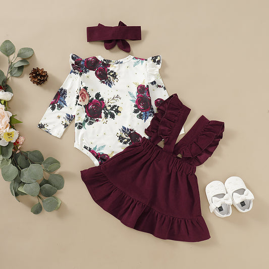 Ensemble trois pièces de bretelles à imprimé floral pour bébés et tout-petits