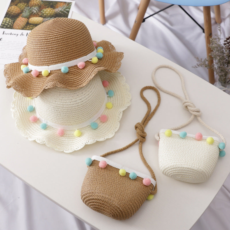 Petit ensemble de chapeau de paille et sac pour enfants de couleur unie