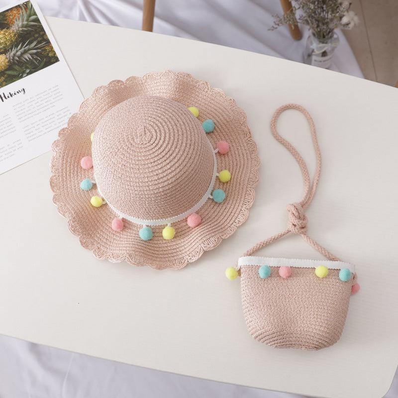 Petit ensemble de chapeau de paille et sac pour enfants de couleur unie
