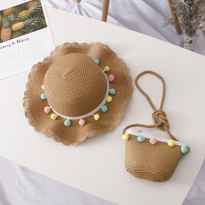 Petit ensemble de chapeau de paille et sac pour enfants de couleur unie