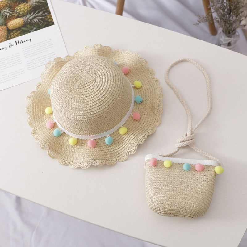 Petit ensemble de chapeau de paille et sac pour enfants de couleur unie