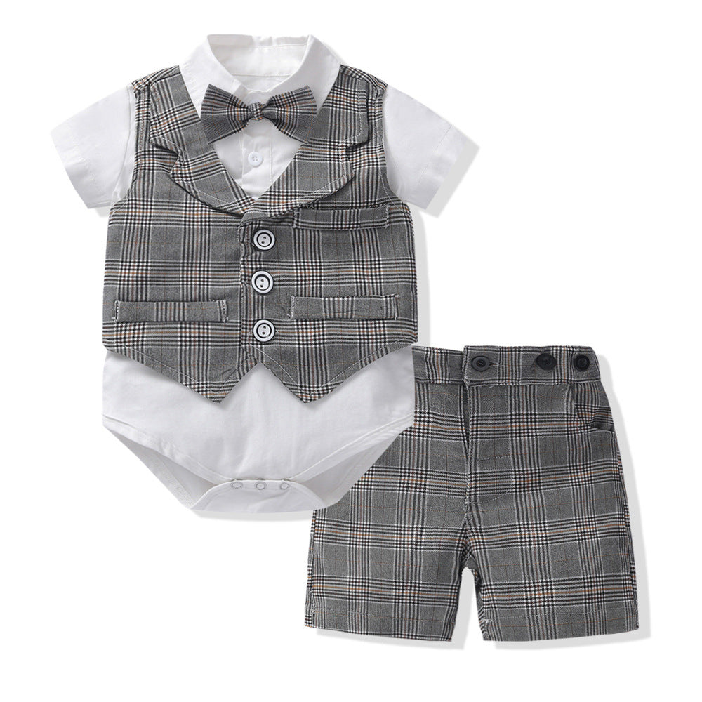 Bébé Garçon Costume Gentleman Barboteuse Gilet Short Nœud Papillon