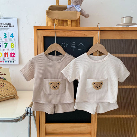 Combinaison bébé unisexe pour l'été deux pièces en tissu gaufré