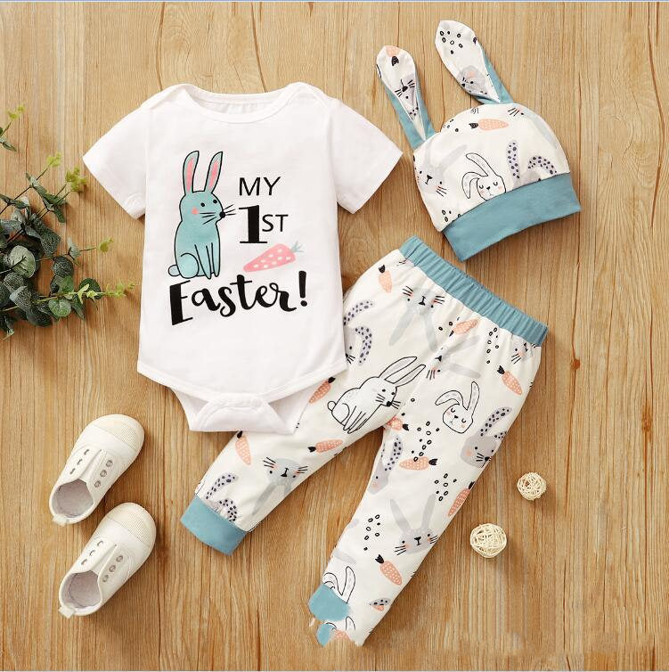 Easter Rabbit Print Baby Romper Set | 3-Piece Outfit (2 Colors)