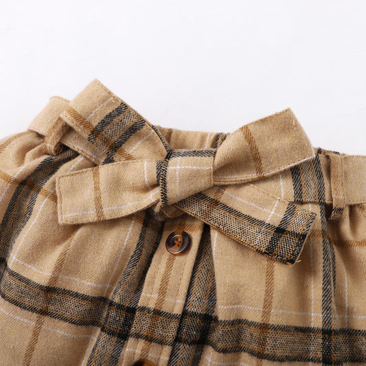Autumn Solid Color Long-sleeved Top Plaid Skirt Two-piece Suit