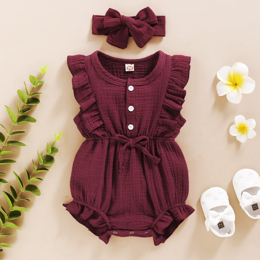 Barboteuse américaine sans manches de couleur unie et personnalisée pour bébé fille