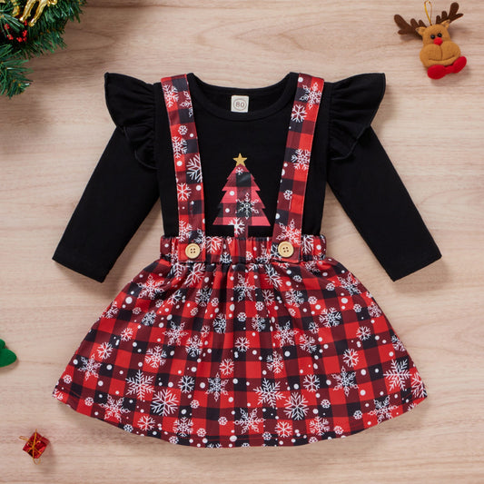 Vêtements de Noël pour petites filles, t-shirt imprimé, jupes à carreaux