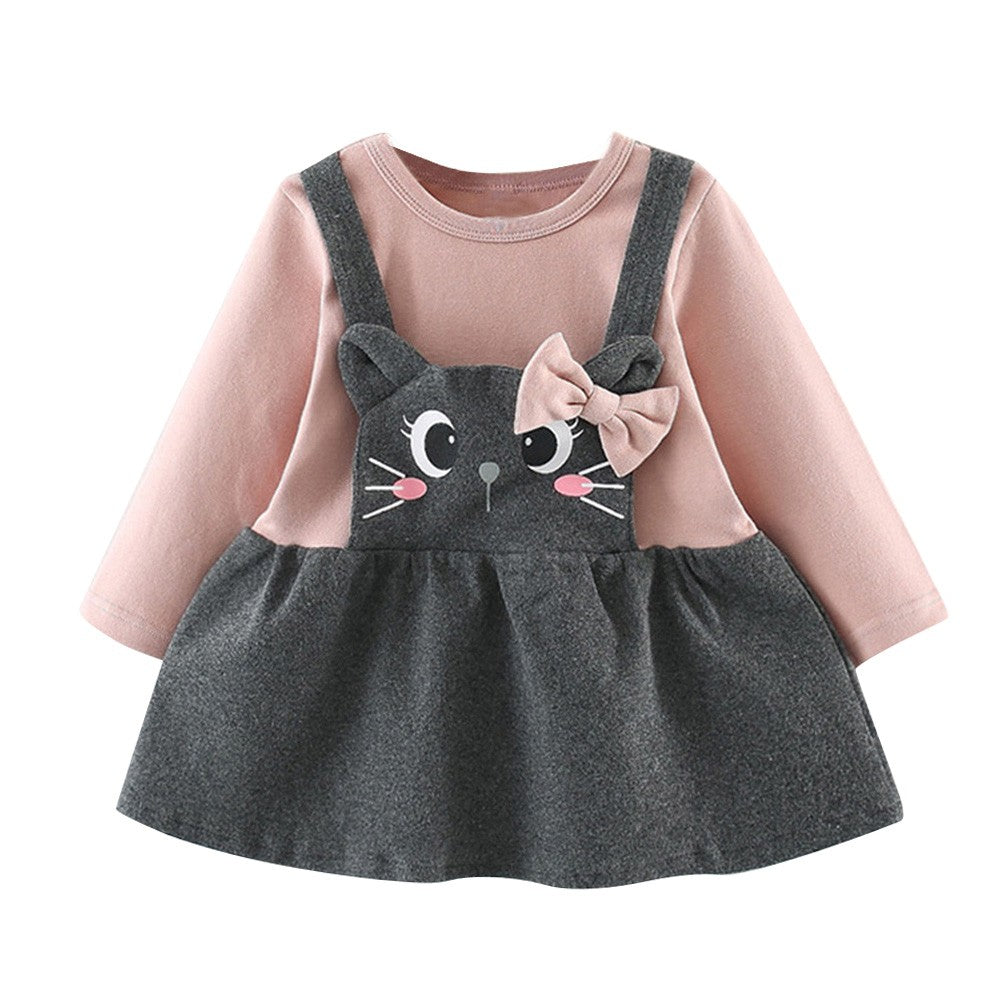 Robe pour bébé à manches longues avec imprimé nœud et tête de chat de dessin animé