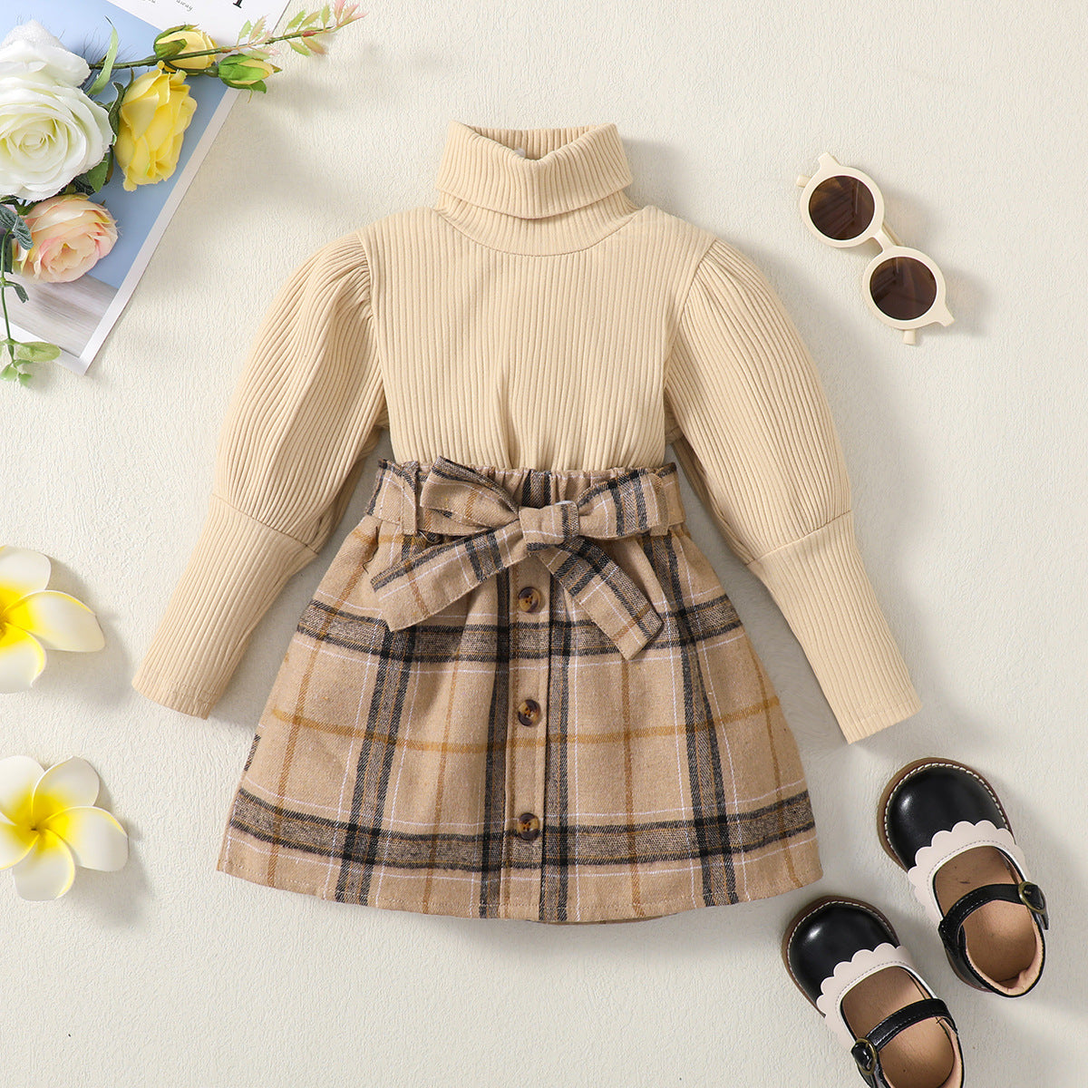 Autumn Solid Color Long-sleeved Top Plaid Skirt Two-piece Suit