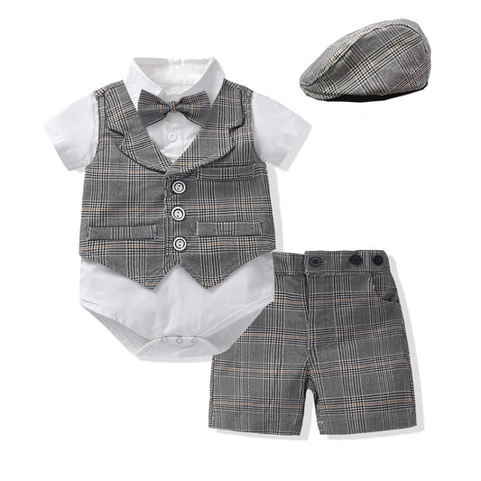 Bébé Garçon Costume Gentleman Barboteuse Gilet Short Nœud Papillon