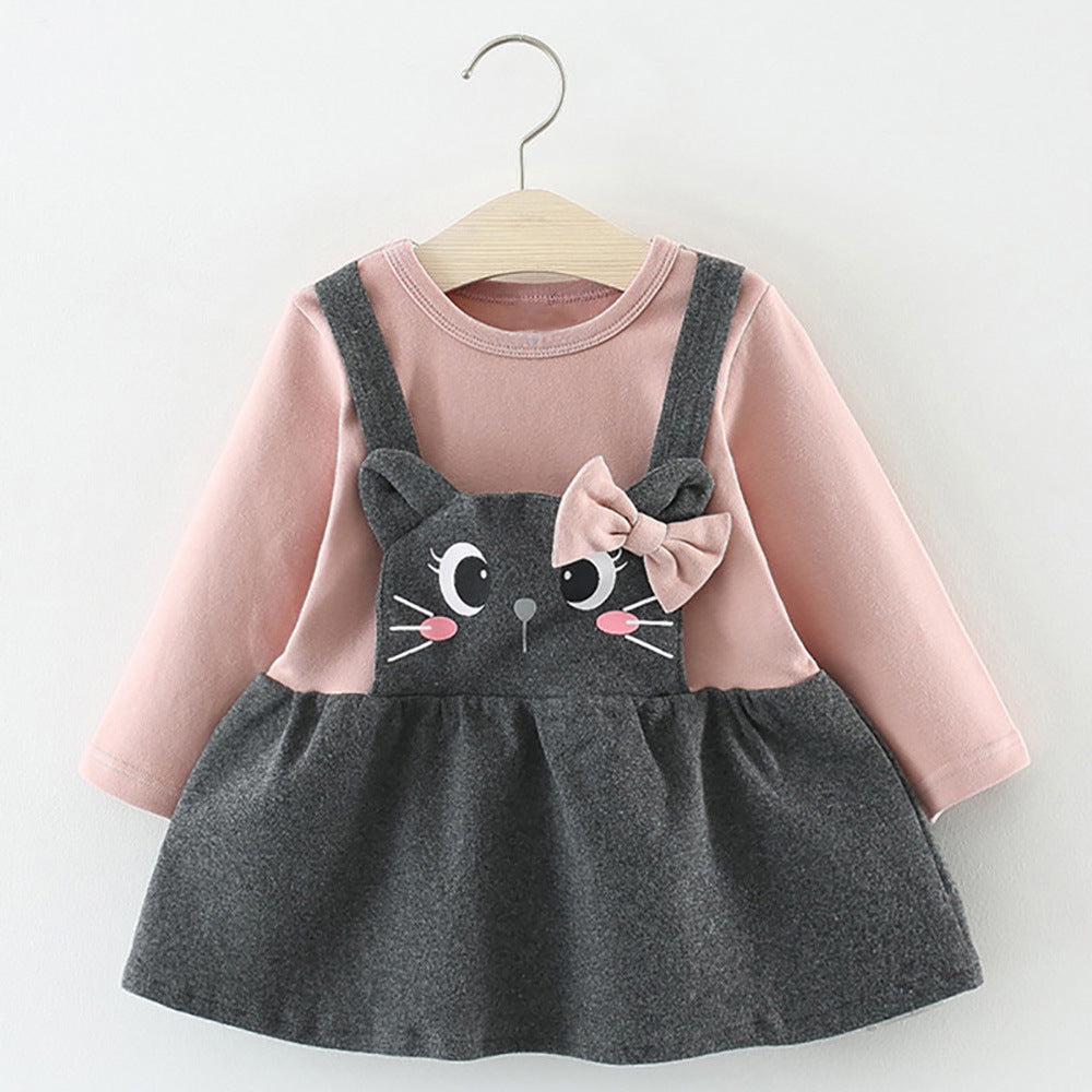 Robe pour bébé à manches longues avec imprimé nœud et tête de chat de dessin animé