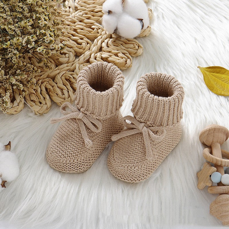 Chaussures tricotées pour bébé, couleur unie avec nœud mignon