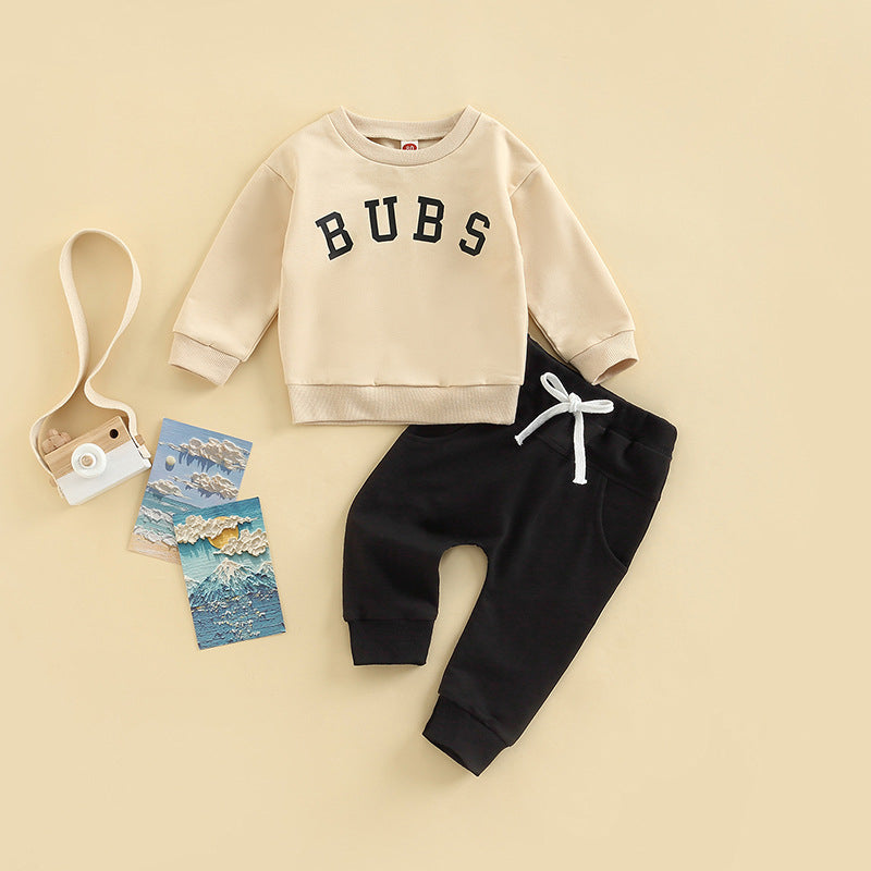 Children Round Neck Letter Print Top Solid Color Trousers