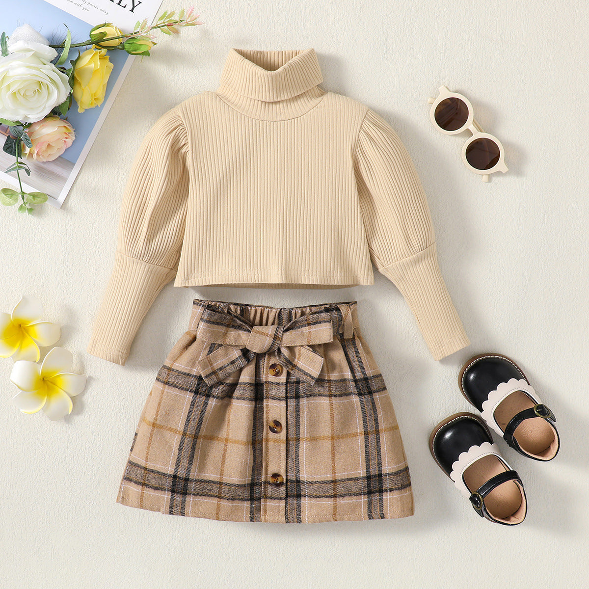 Autumn Solid Color Long-sleeved Top Plaid Skirt Two-piece Suit