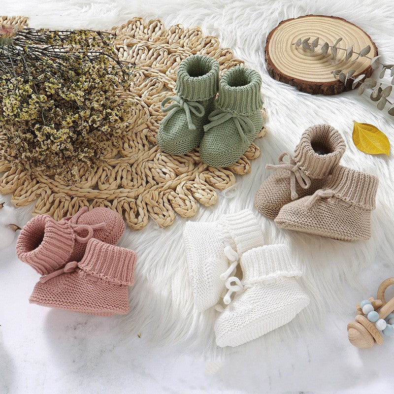 Chaussures tricotées pour bébé, couleur unie avec nœud mignon