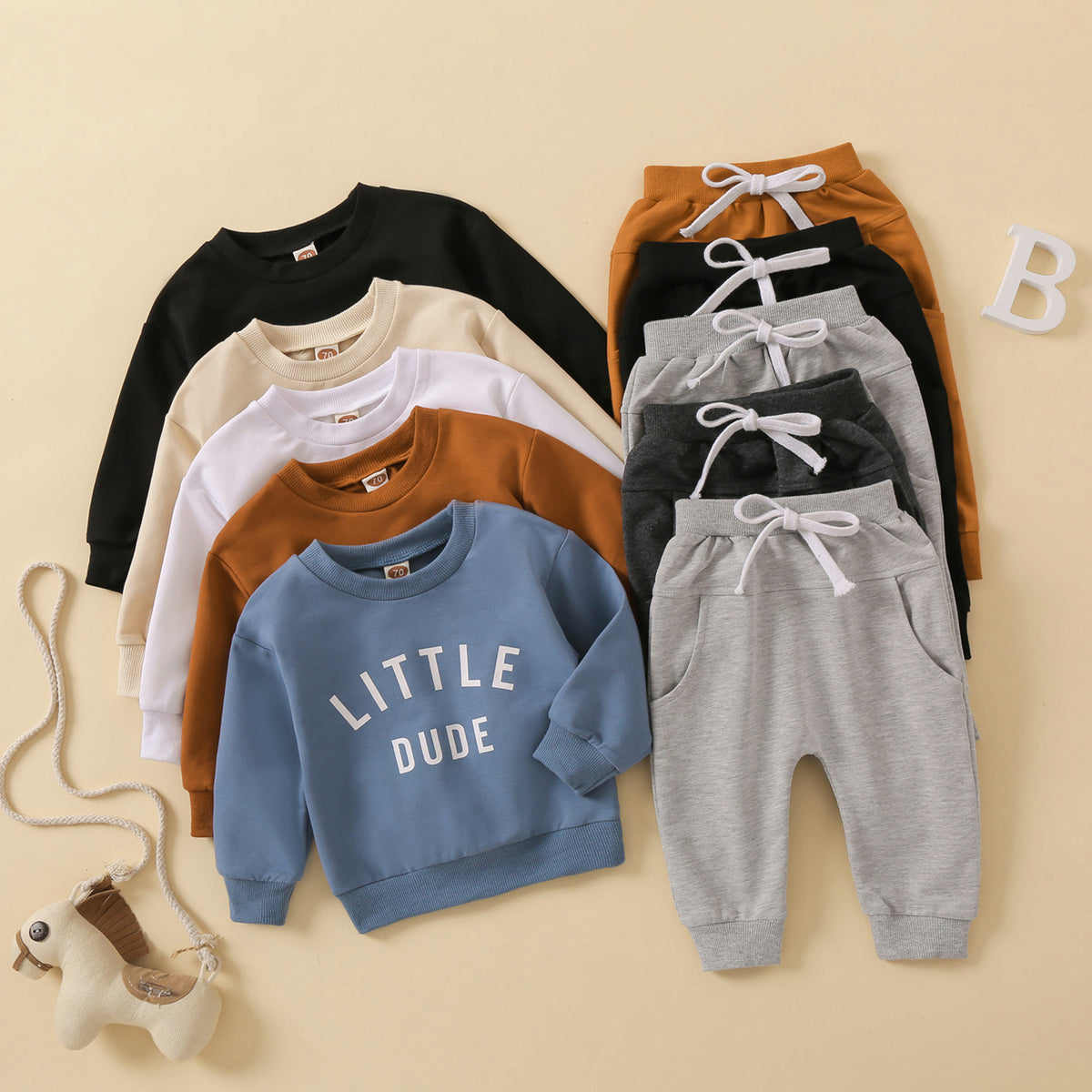 Children Round Neck Letter Print Top Solid Color Trousers
