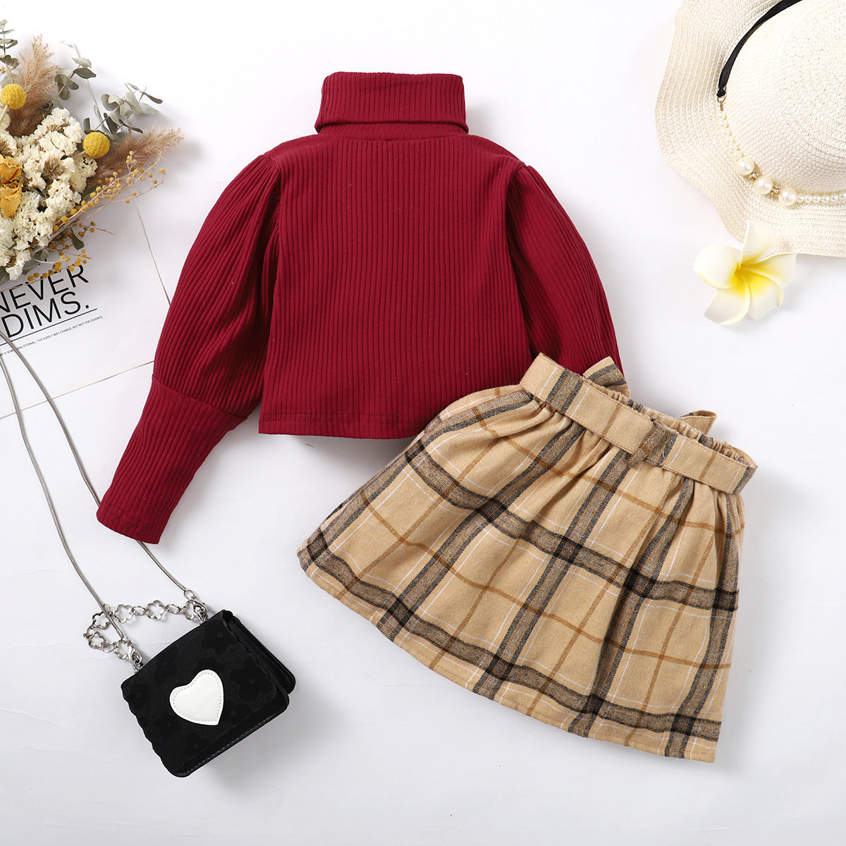 Autumn Solid Color Long-sleeved Top Plaid Skirt Two-piece Suit