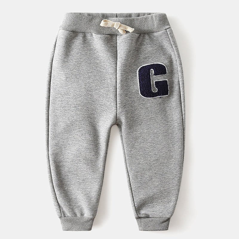 Boys' Letter Embroidered Plus Velvet Pants Baby Thickened Trousers Warm Pants