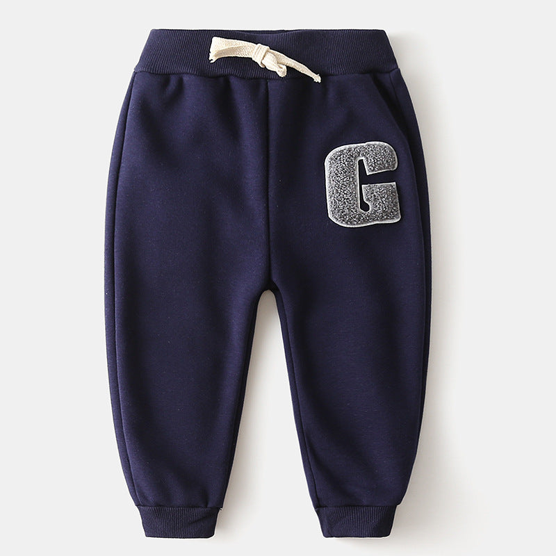 Boys' Letter Embroidered Plus Velvet Pants Baby Thickened Trousers Warm Pants