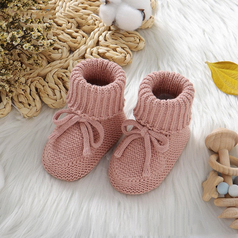 Chaussures tricotées pour bébé, couleur unie avec nœud mignon
