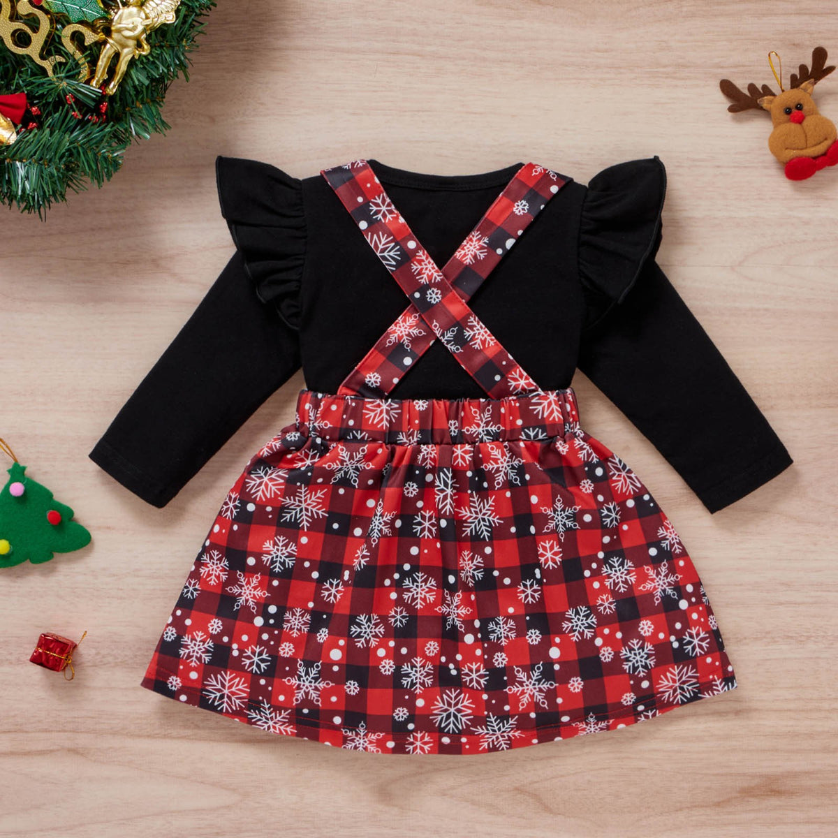 Vêtements de Noël pour petites filles, t-shirt imprimé, jupes à carreaux