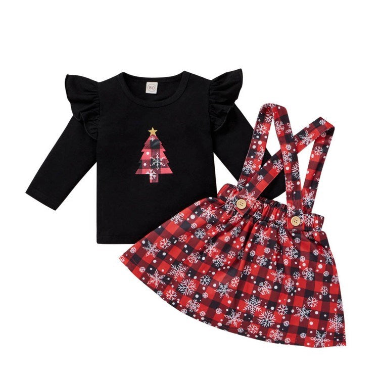 Vêtements de Noël pour petites filles, t-shirt imprimé, jupes à carreaux