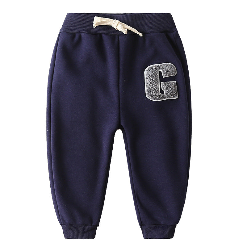 Boys' Letter Embroidered Plus Velvet Pants Baby Thickened Trousers Warm Pants