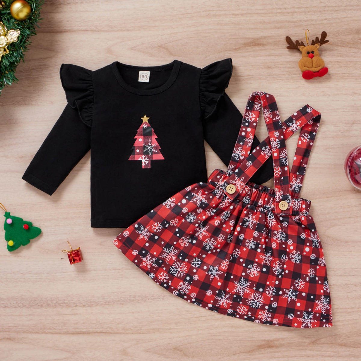 Vêtements de Noël pour petites filles, t-shirt imprimé, jupes à carreaux